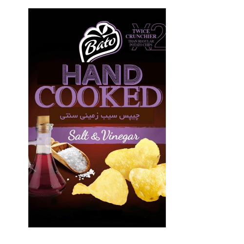 علامت تجاری 2 TWICE CRUNCHIER THAN REGULAR POTATO CHIPS   Bato  HAND COOKED  چيپس سيب زميني سنتي Salt&Vinegar متعلق به شرکت کشت و صنعت طلاچین